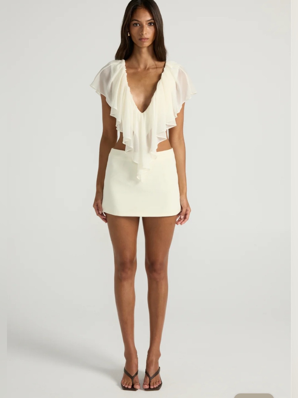 Ance Gria Ivory Ruffle Deep V Crop Top and Mini Skirt Set - Picture 1 of 4